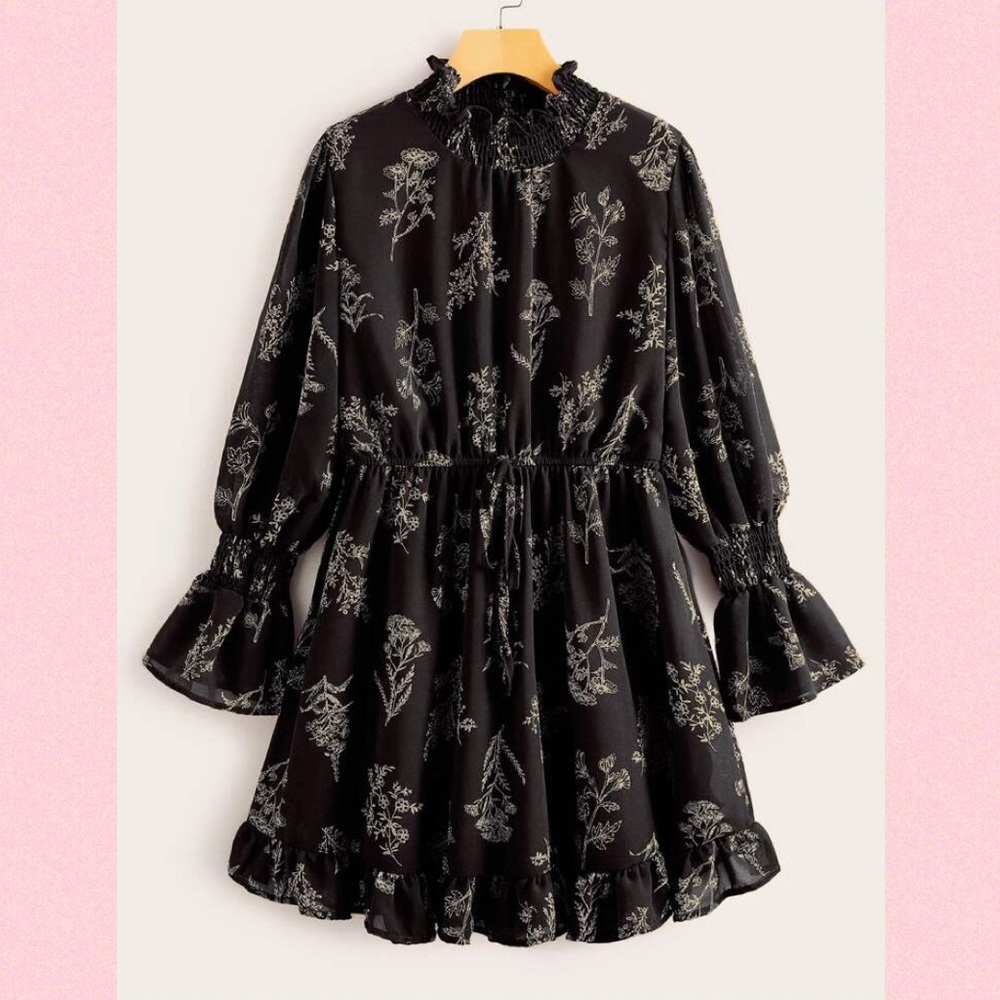 Floral Print Shirred Ruffle Hem Dress